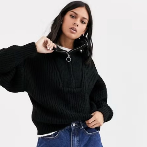 🖤 ASOS Black Ribbed Chunky Half-Zip Mock Neck Knit Sweater • Women’s Size 6 - Picture 1 of 6